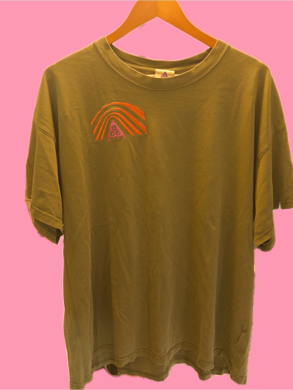 Nike Olive Green Short Sleeve Tee with Orange & Pink ACG Graphic